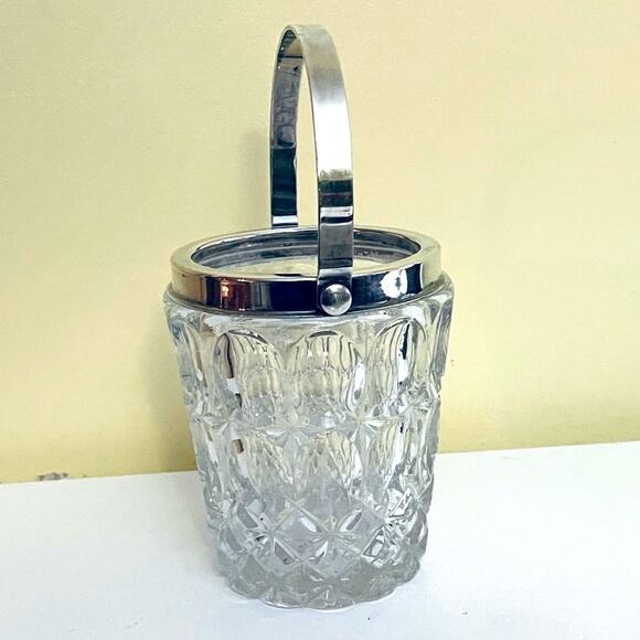Vtg William Adams Cut Glass Crystal Ice Bucket Silver Plate Thumbprint Italy - Picture 5 of 12